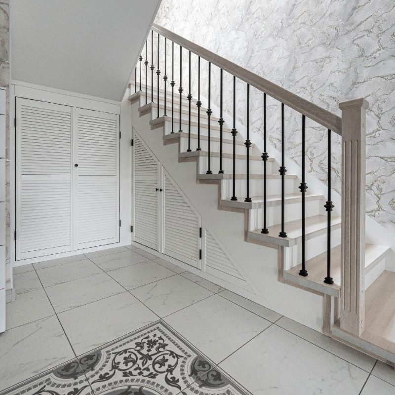 Облицовка бетонной лестницы беленым дубом с доп ступенью на полу