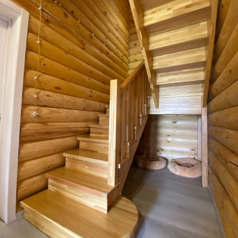 П-образная деревянная лестница из натурального ясеня в срубе